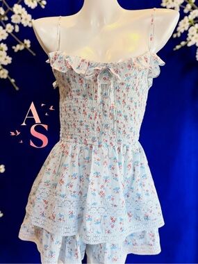 🌷 Altar'd State Andi Floral Tiered Romper Dress NWT Size Small New Smocked Blue